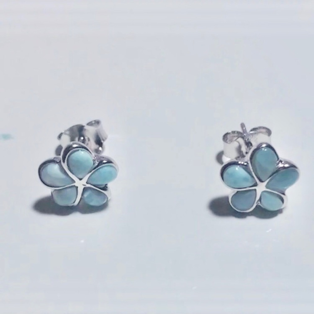 Sterling Silver Real Larimar Flower Stud Earrings